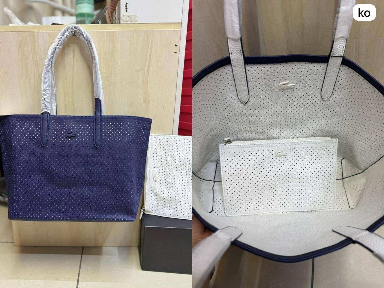 🌟 LACOSTE 🐊 New 2 in 1
Double-sided usable bag
Size: 47 * 29 cm
95 dhs🪙

Zain115
♥️♥️♥️