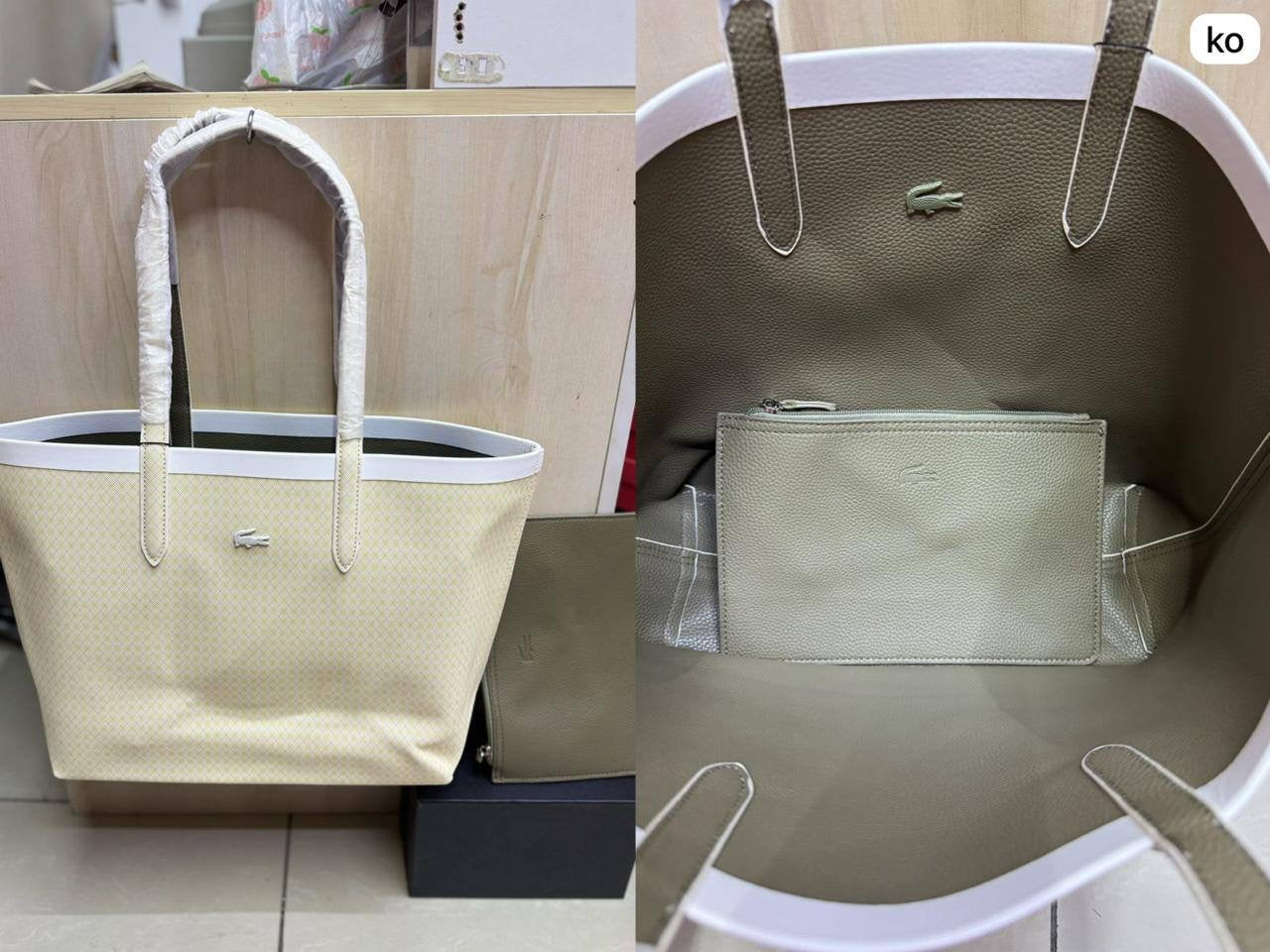 🌟 LACOSTE 🐊 New 2 in 1
Double-sided usable bag
Size: 47 * 29 cm
95 dhs🪙

Zain115
♥️♥️♥️