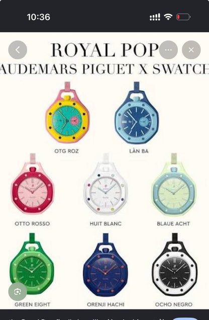 AUDEMARS PIGUET SWATCH
     ROYAL POP
*GOOD QUALITY BACK SIDE MACHINE*
*QUARTZ MOVEMENT*
*WITH BOX AVAILABLE*
110 dhs💓

Zain304
♥️♥️♥️
