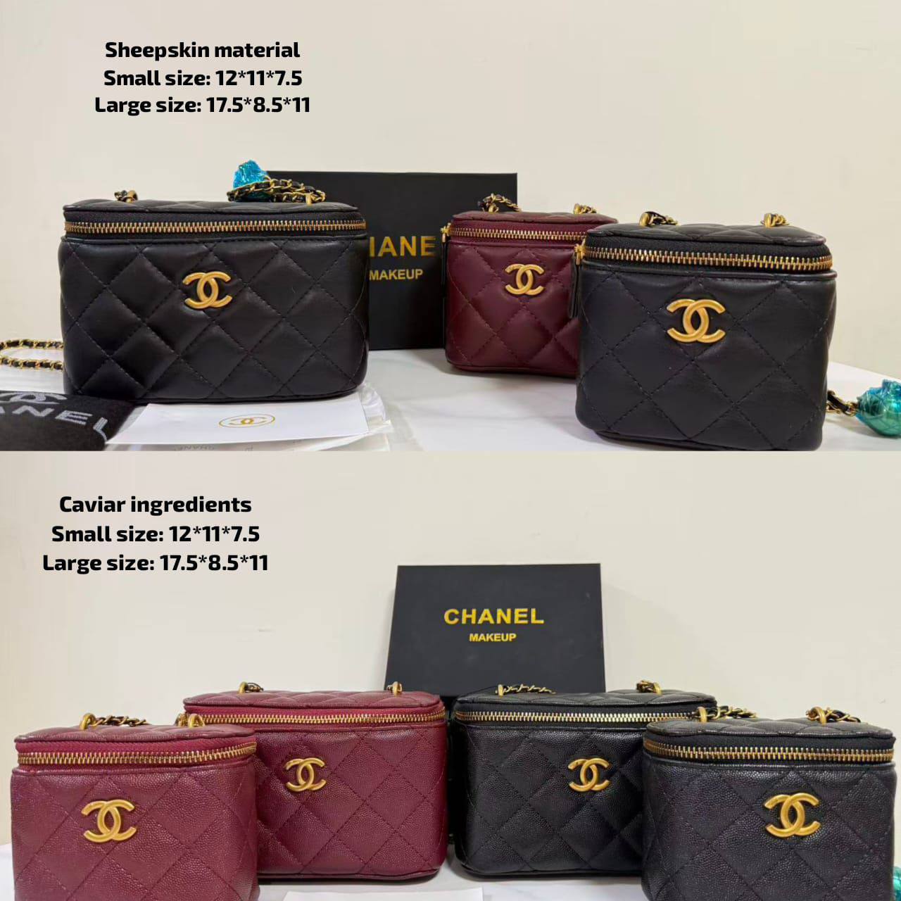 Chanel Makeup Style

95 dhs🪙💕
small size:12*11*7.5

100 dhs🪙💕
big size：17.5*8.5*11

with box
🎁🎁🎁
Very good quality

Zain07
♥️♥️♥️