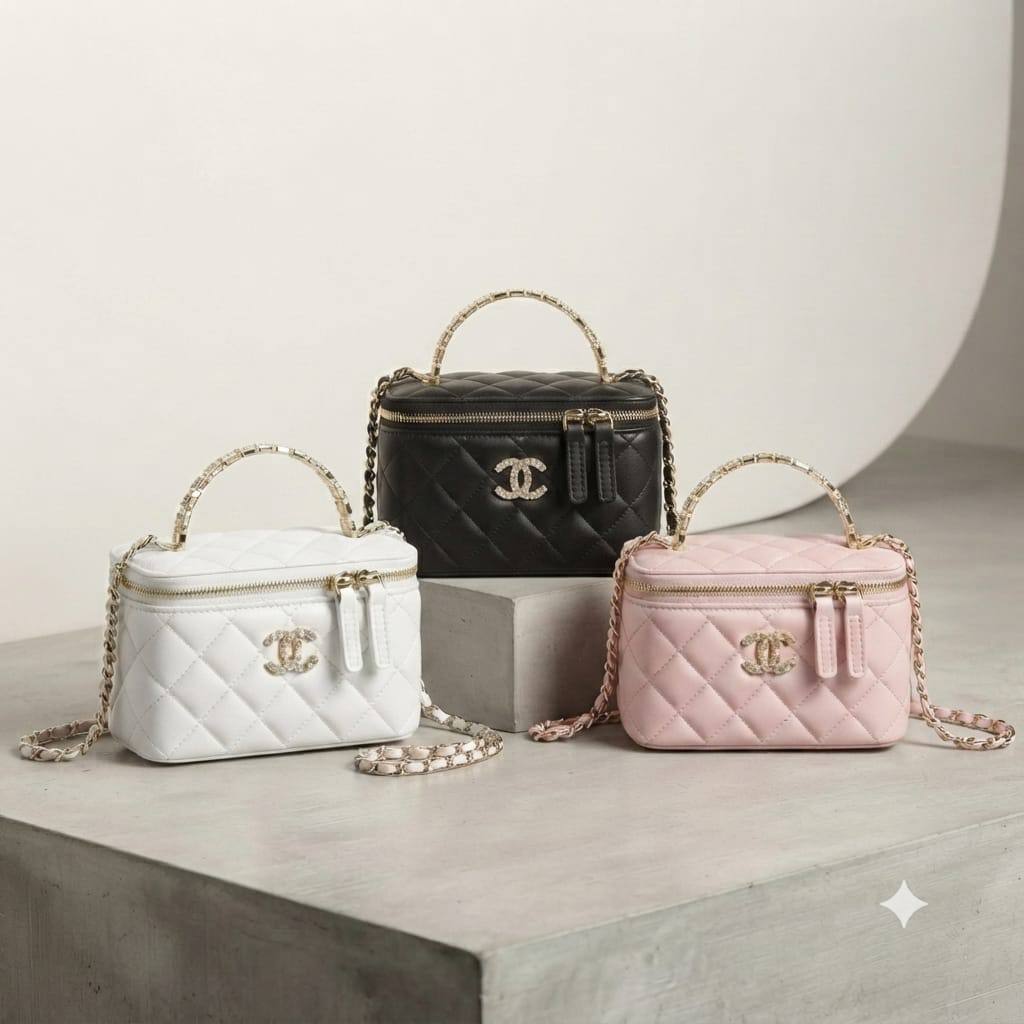 CHANEL Top Handle
Vanity Diamond design
Lambskin Leather Material
With Mirror inside
With BOX
Size : 18 cm

110 dhs✅

Zain239
♥️♥️♥️