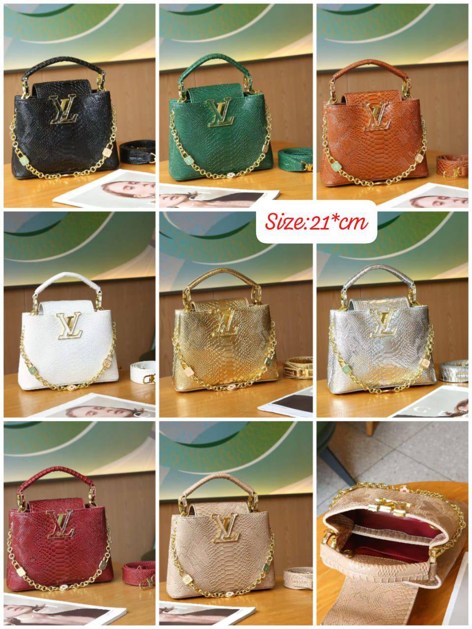 LV 
High quality 
Size 21cm
120 dhs💛
With box 📦

Zain70
♥️♥️♥️