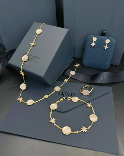 APM SET 
NECKLACE BRACELET EARRINGS RING WITH SAME BOX 
220 DHS✅

Zain80
♥️♥️♥️