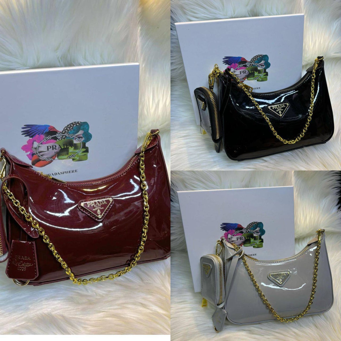 Prada
good quality, 
with box, 
🎁🎁🎁

size 22 * 13 cm 
95 dhs❤️

Zain12
♥️♥️♥️