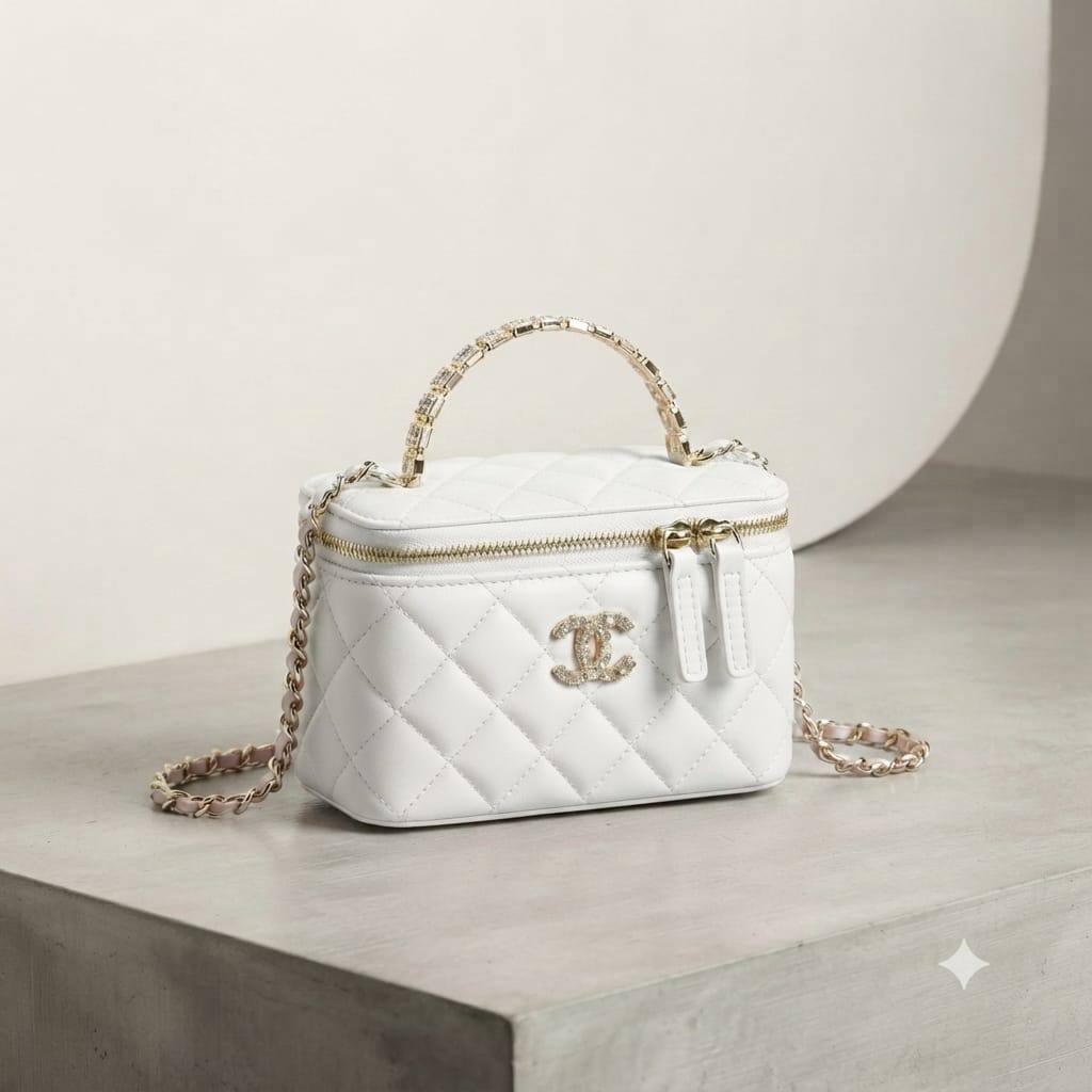 CHANEL Top Handle
Vanity Diamond design
Lambskin Leather Material
With Mirror inside
With BOX
Size : 18 cm

110 dhs✅

Zain239
♥️♥️♥️