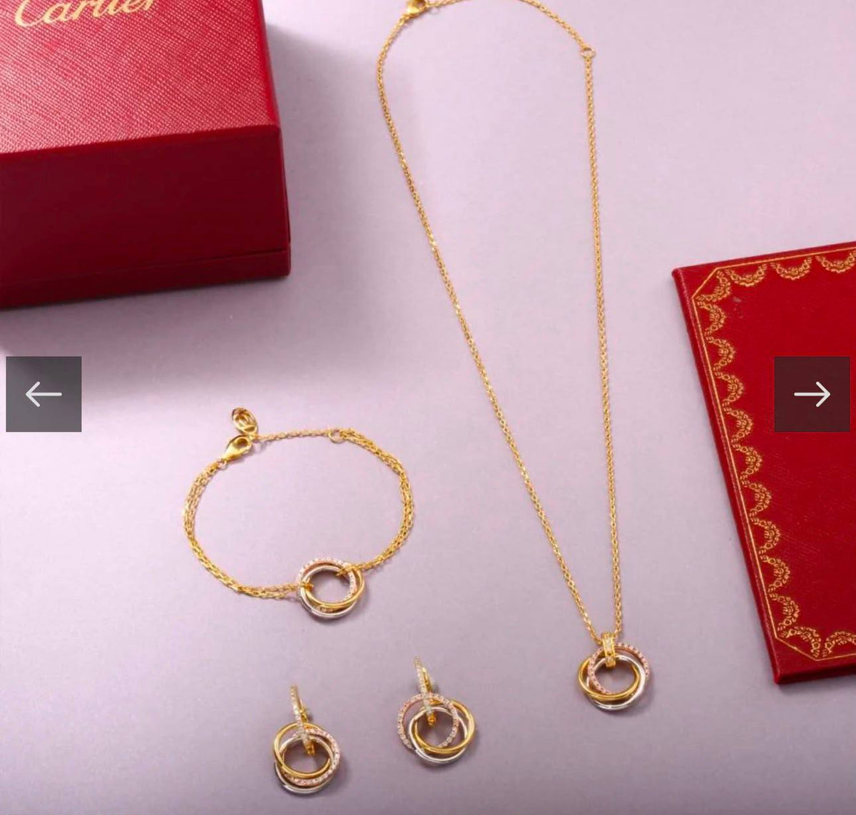 *Cartier 😍*
Necklace 🦋
Earring🔥
Bracelet 💥
Master quality 💯
With normal boxes 📦 
175 dhs🇦🇪🇦🇪

With master box 🗃️ 
215 dhs🇦🇪🇦🇪

Zain216
♥️♥️♥️