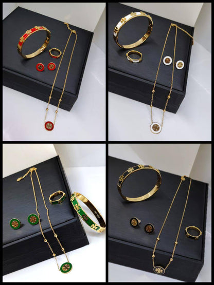 Stainless steel SET 💯*
Necklace ❤️‍🩹
Earring 🍁
Breslat ❣️
Ring free size 
With normal boxes 📦 
And paper bag 🛍️
45 dhs🇦🇪

Zain216
♥️♥️♥️