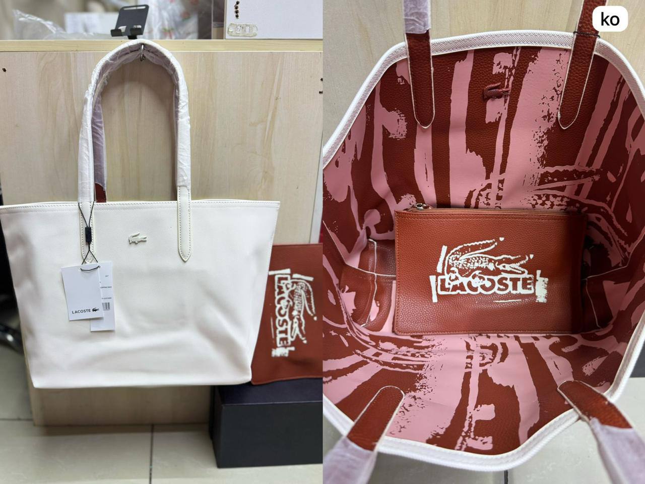 🌟 LACOSTE 🐊 2 in 1
✌🏻Double-sided usable bag
1⃣️First quality 
Size: 47 * 29 cm
85 dhs✅

Zain115
♥️♥️♥️