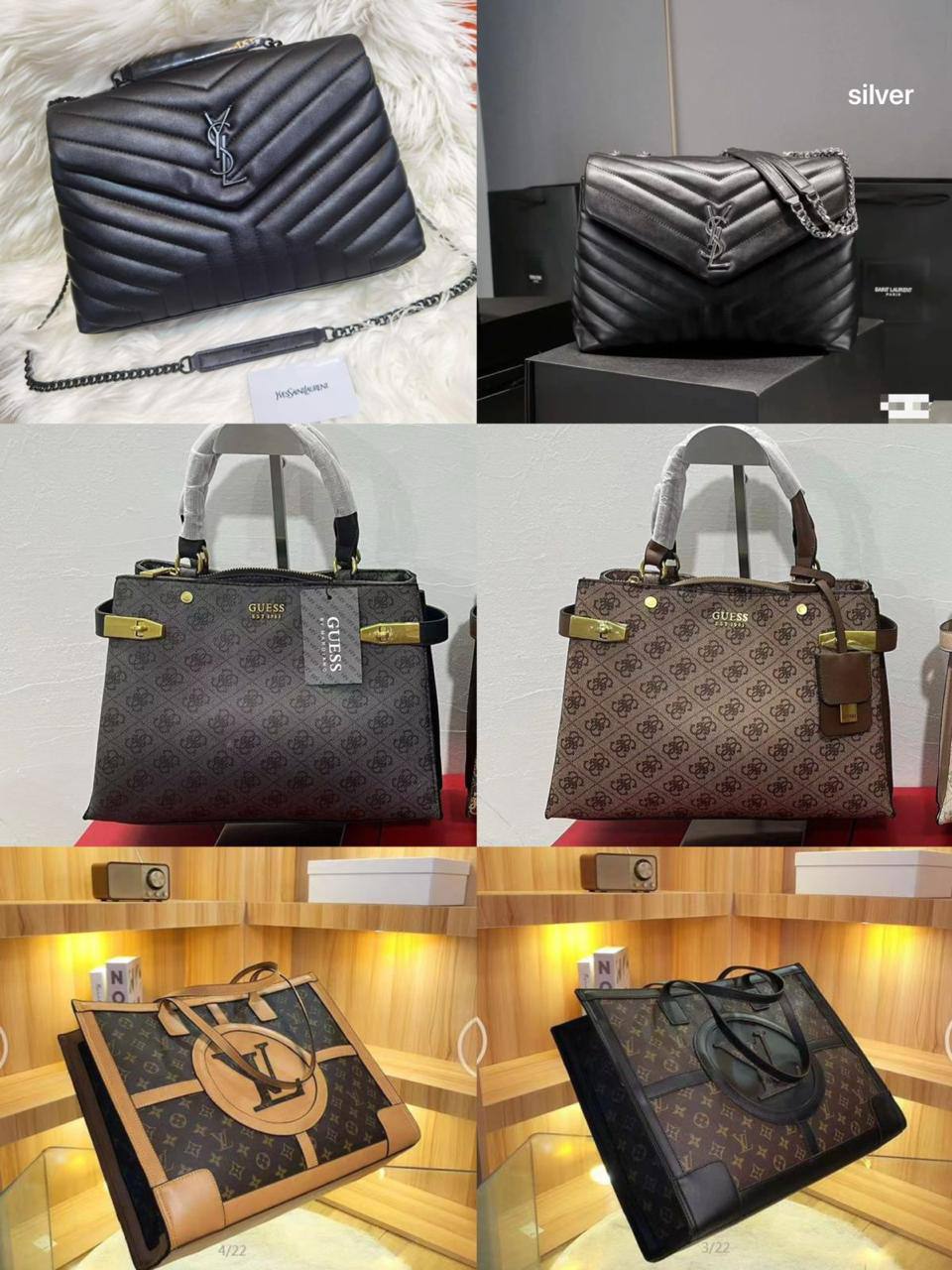YSL / Guess / LV
Size: 45 ~ 25  cm

85 dhs🪙🌺
（YSL design with box 🎁）

Zain115
♥️♥️♥️