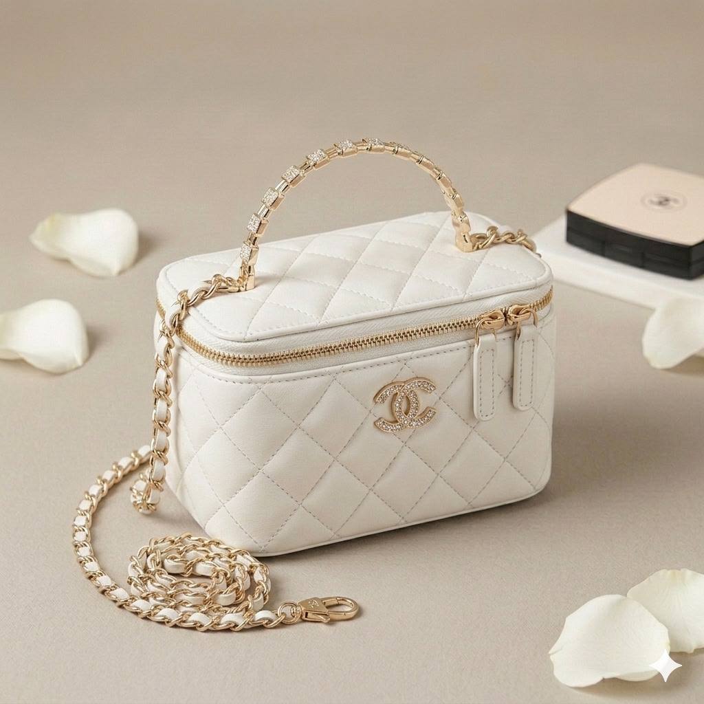 CHANEL Top Handle
Vanity Diamond design
Lambskin Leather Material
With Mirror inside
With BOX🎁
Size : 18 cm
110 dhs✅

Zain239
♥️♥️♥️