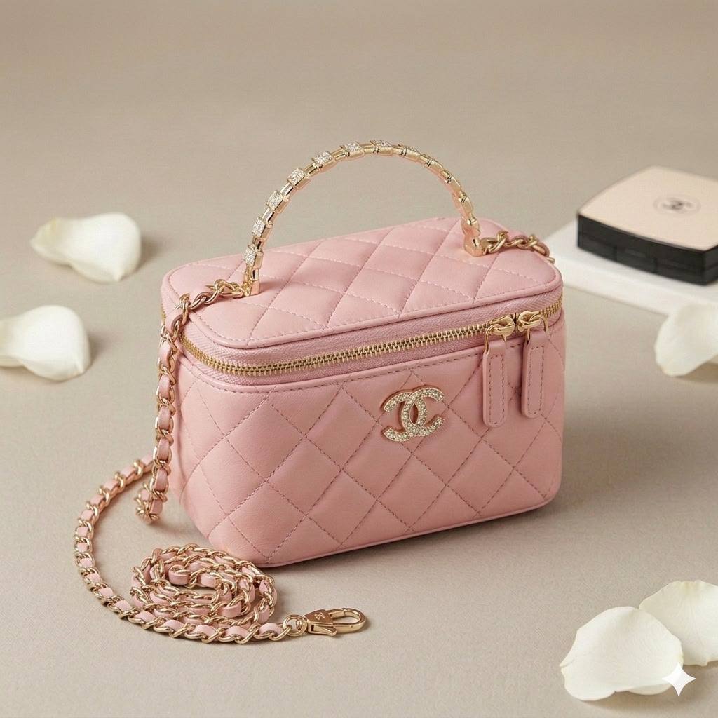 CHANEL Top Handle
Vanity Diamond design
Lambskin Leather Material
With Mirror inside
With BOX🎁
Size : 18 cm
110 dhs✅

Zain239
♥️♥️♥️