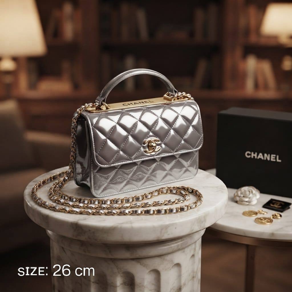 CHANEL Flap Top Handle
Patent Glossy Lambskin
Gold Hardware
With long Chain strap
Size : 26 cm
With BOX

120 dhs🇦🇪🇦🇪

Zain239
♥️♥️♥️