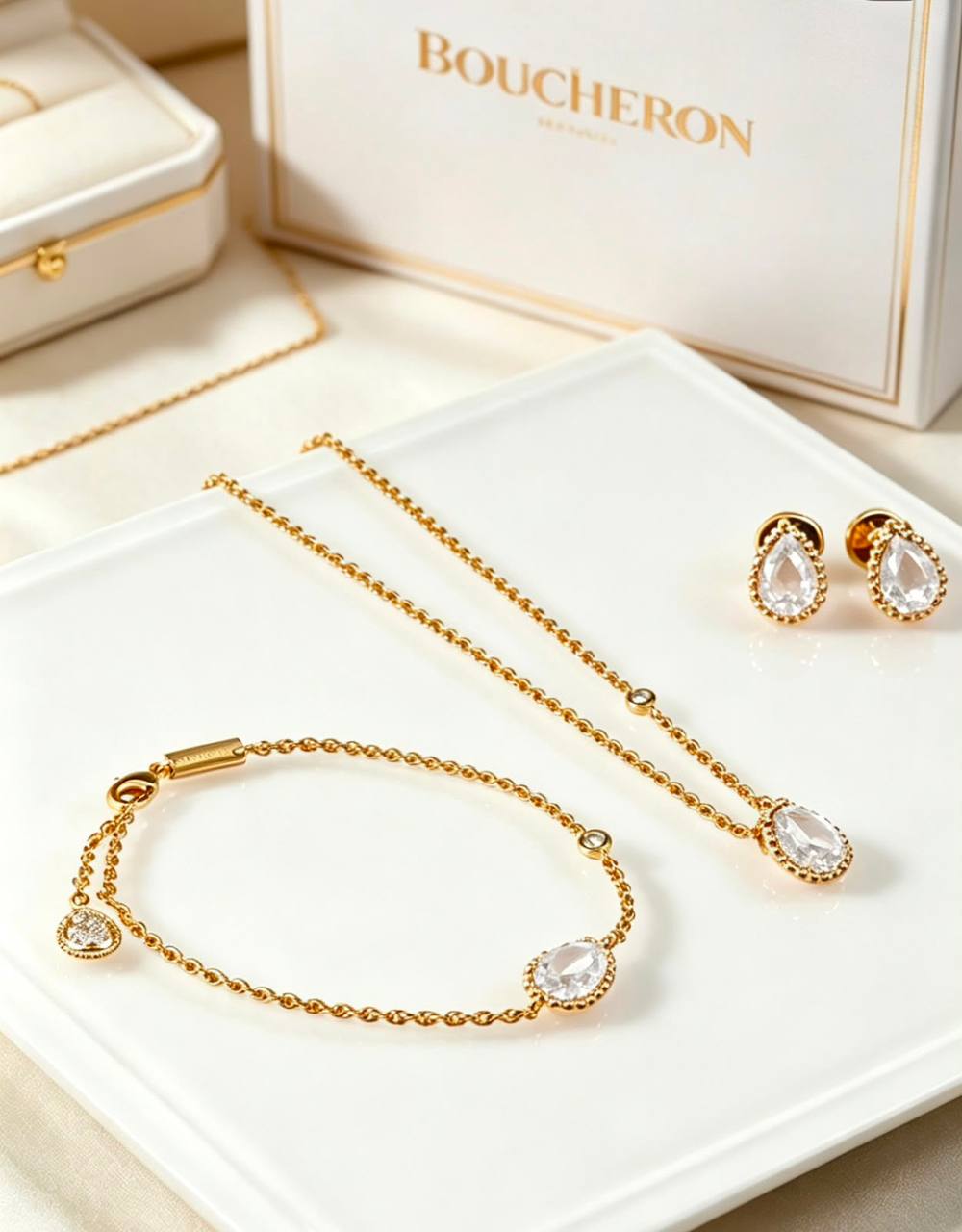 BOUCHRON
SET MASTER💫✨
NECKLACE 
BRACELET 
EARRINGS
WITH NORMAL BOX AND PAPER BAG🎁🛍️
130 DHS🇦🇪🇦🇪

Zain89
♥️♥️♥️
