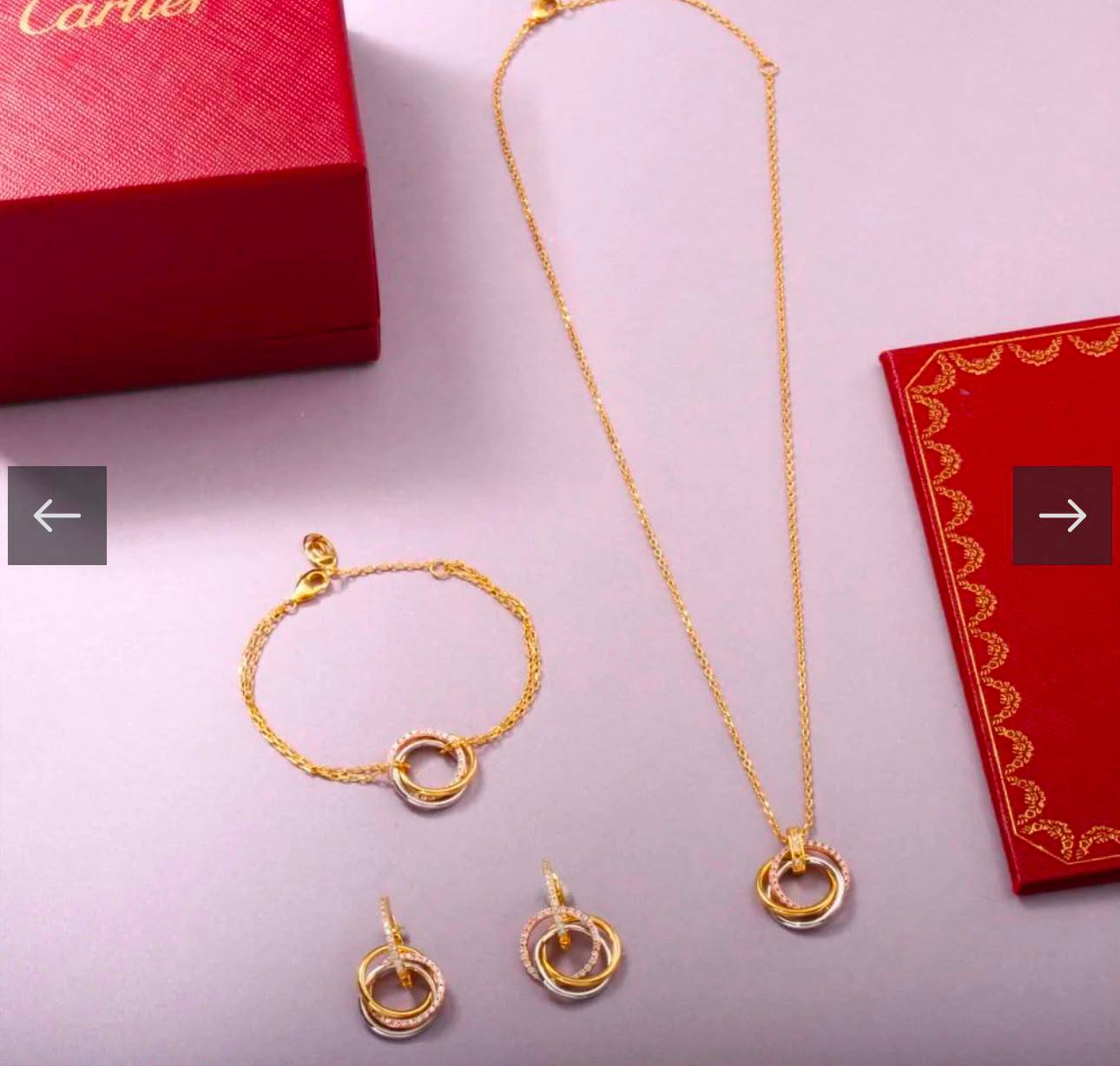 Cartier set
Necklace 
Earrings 
Bracelet 
Master quality 🎁

*210* AED normal box 📦

Zain48
♥️♥️♥️