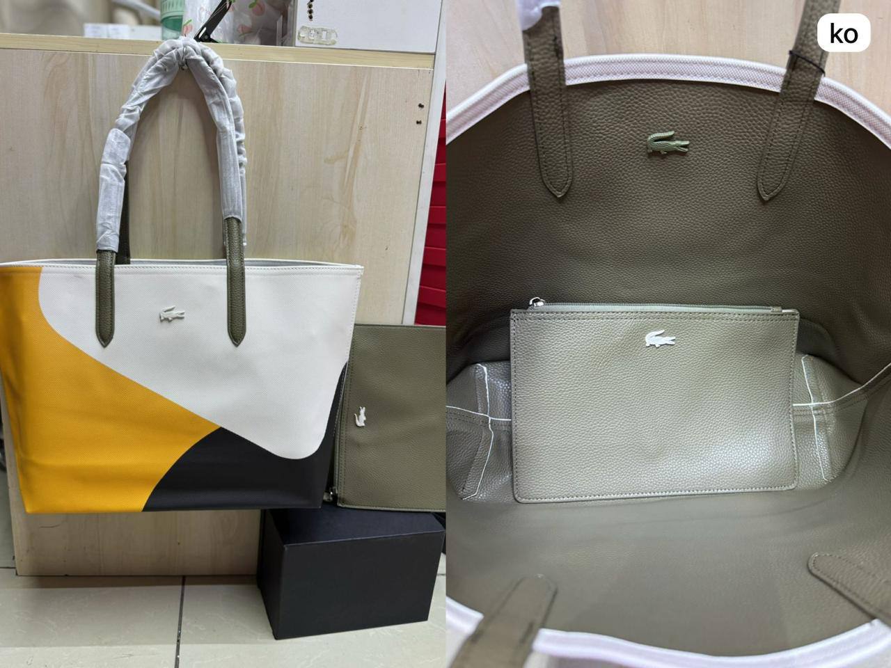 🌟 LACOSTE 🐊 2 in 1
✌🏻Double-sided usable bag
1⃣️First quality 
Size: 47 * 29 cm
85 dhs✅

Zain115
♥️♥️♥️
