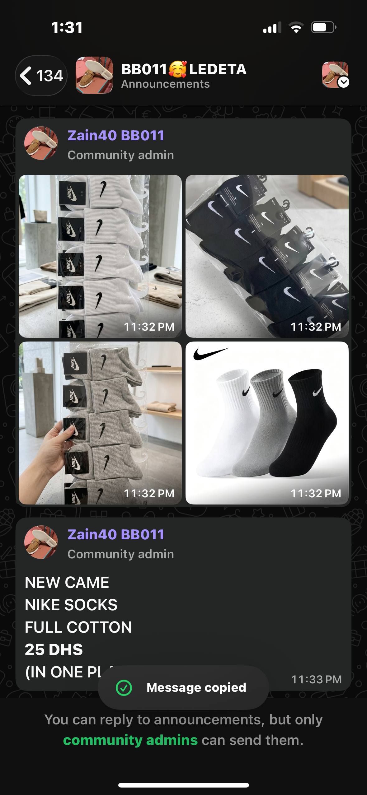 NEW CAME 
NIKE SOCKS 
FULL COTTON

45 dhs🇦🇪🇦🇪🇦🇪

Zain40 
♥️♥️♥️