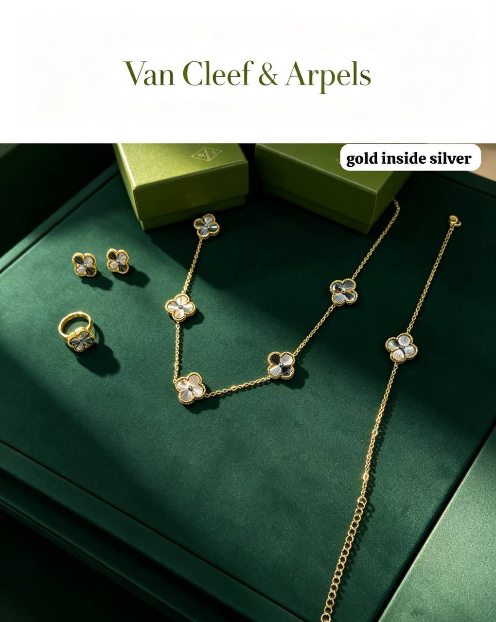 VCA SET😍
Necklace ❤️‍🔥
Earring 🍁
Bracelet ✨
Ring free size 💍

With same brand boxes 🗃️ 
And paper bag 🛍️

75 dhs🇦🇪🇦🇪🇦🇪
Zain216
♥️♥️♥️