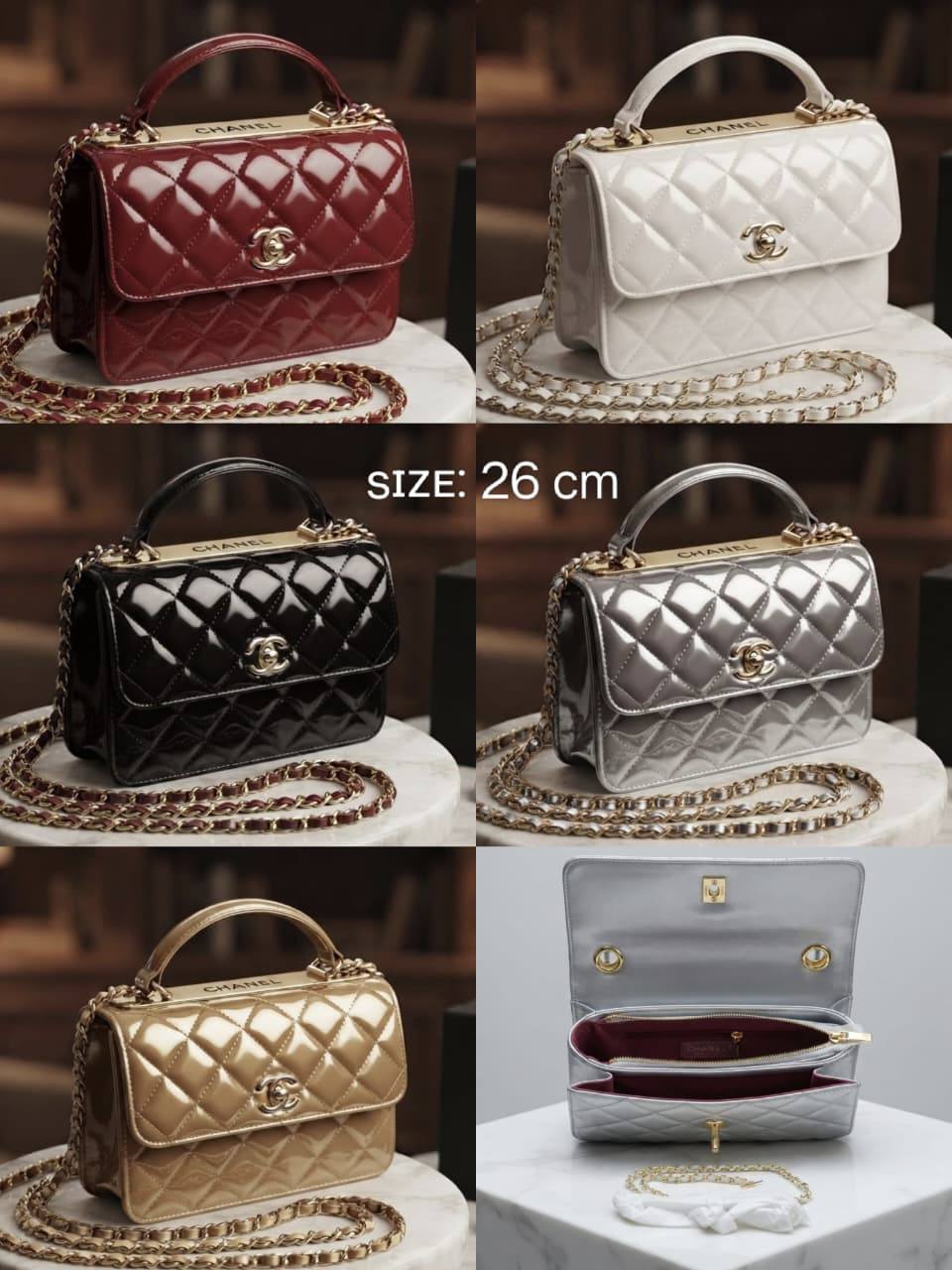 CHANEL Flap Top Handle
Patent Glossy Lambskin
Gold Hardware
With long Chain strap
Size : 26 cm
With BOX

120 dhs🇦🇪🇦🇪

Zain239
♥️♥️♥️