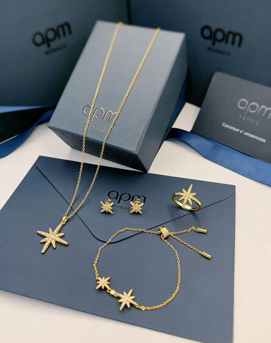APM SET 
NECKLACE BRACELET EARRINGS RING
 MASTER✨💫
140 DHS✅
WITH BOX AND PAPER BAG🛍️🎁

Zain89
♥️♥️♥️