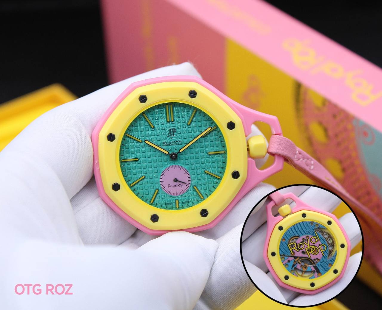AUDEMARS PIGUET SWATCH
     ROYAL POP
*GOOD QUALITY BACK SIDE MACHINE*
*QUARTZ MOVEMENT*
*WITH BOX AVAILABLE*
110 dhs💓

Zain304
♥️♥️♥️